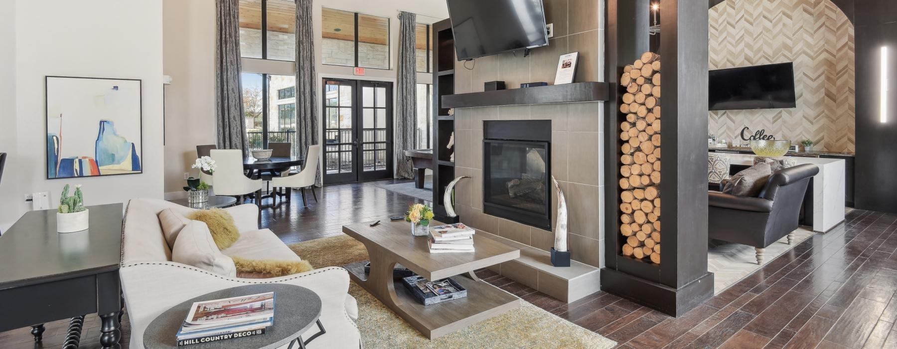 a living room with a fireplace